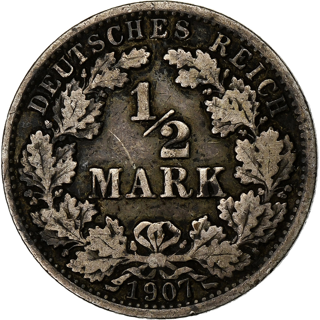 GERMANY - EMPIRE, Wilhelm II, 1/2 Mark, 1907, Berlin, Silver, EF(40-45), KM:17