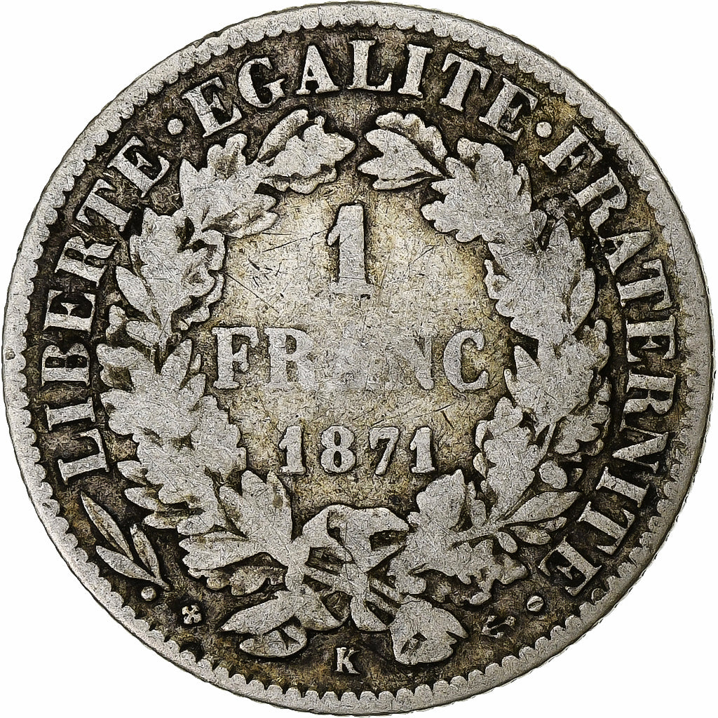 Francia, Franc, Cérès, 1871, Bordeaux, Plata, BC+, Gadoury:465, KM:822.2