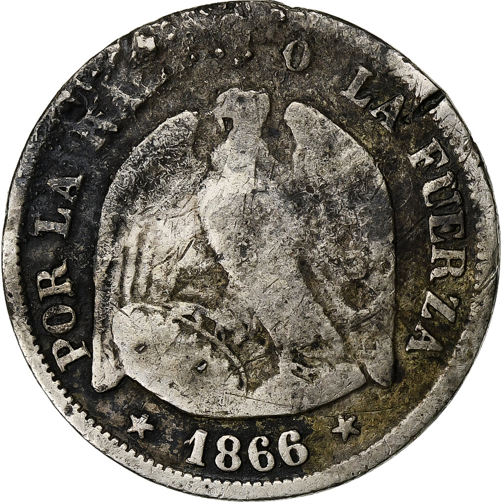 Chile, 20 Centavos, 1866, Santiago, Plata, BC+, KM:135