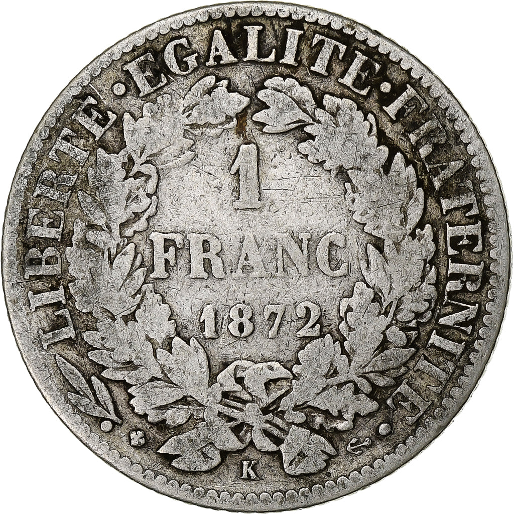 Francia, Franc, Cérès, 1872, Bordeaux, Plata, BC+, Gadoury:465a, KM:822.2