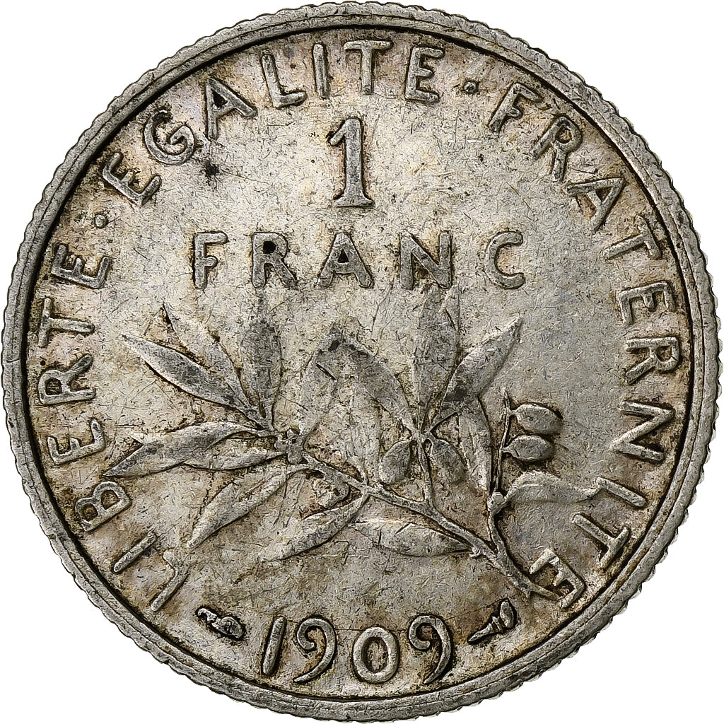 Frankrijk, Semeuse, Franc, 1909, Paris, FR+, Zilver, KM:844.1, Gadoury:467, Le