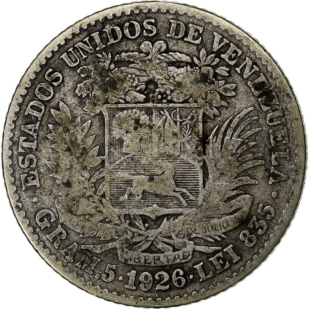 Coin, Venezuela, Gram 5, Bolivar, 1926, VF(20-25), Silver, KM:22