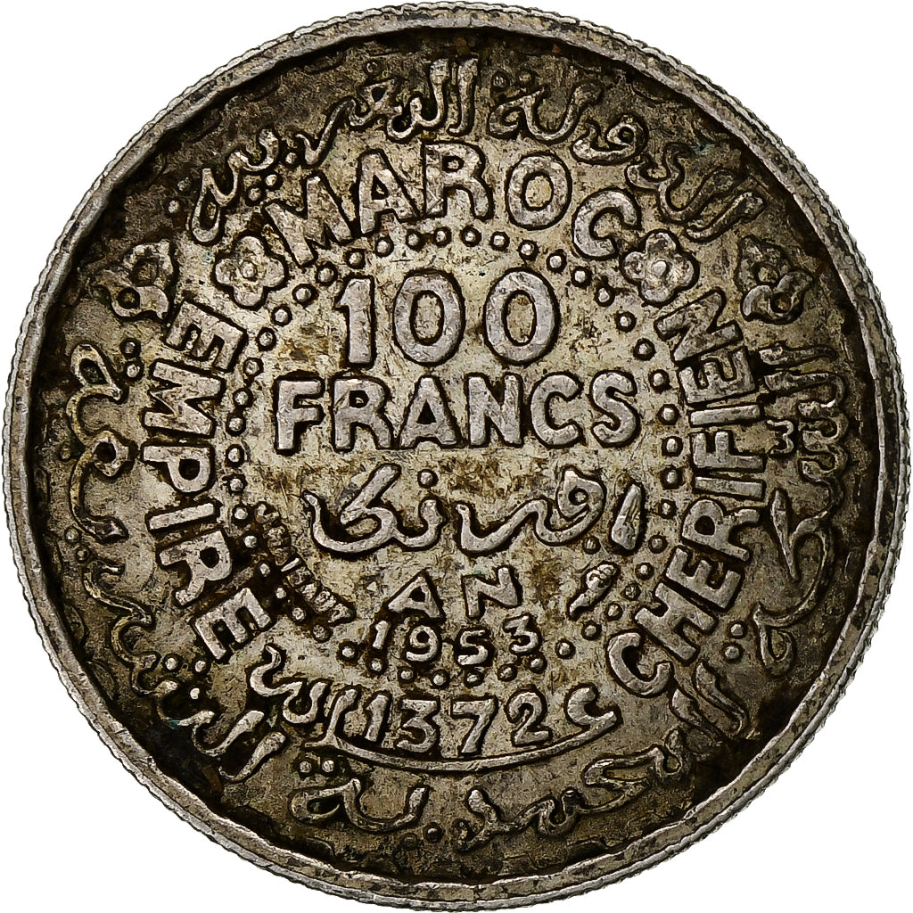 Morocco, Mohammed V, 100 Francs, 1953, Paris, Silver, EF(40-45), KM:52