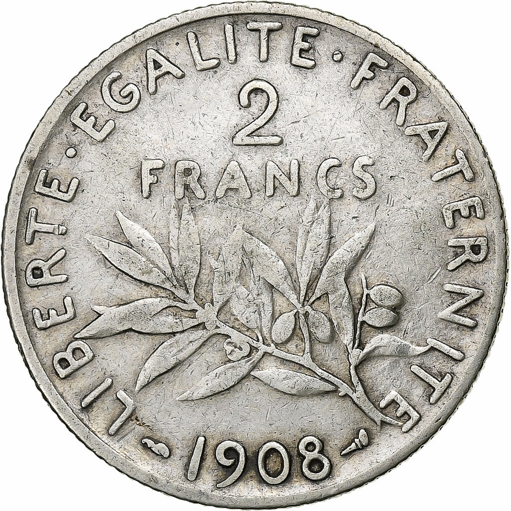 France, 2 Francs, Semeuse, 1908, Paris, Silver, VF(30-35), Gadoury:532, KM:845.1