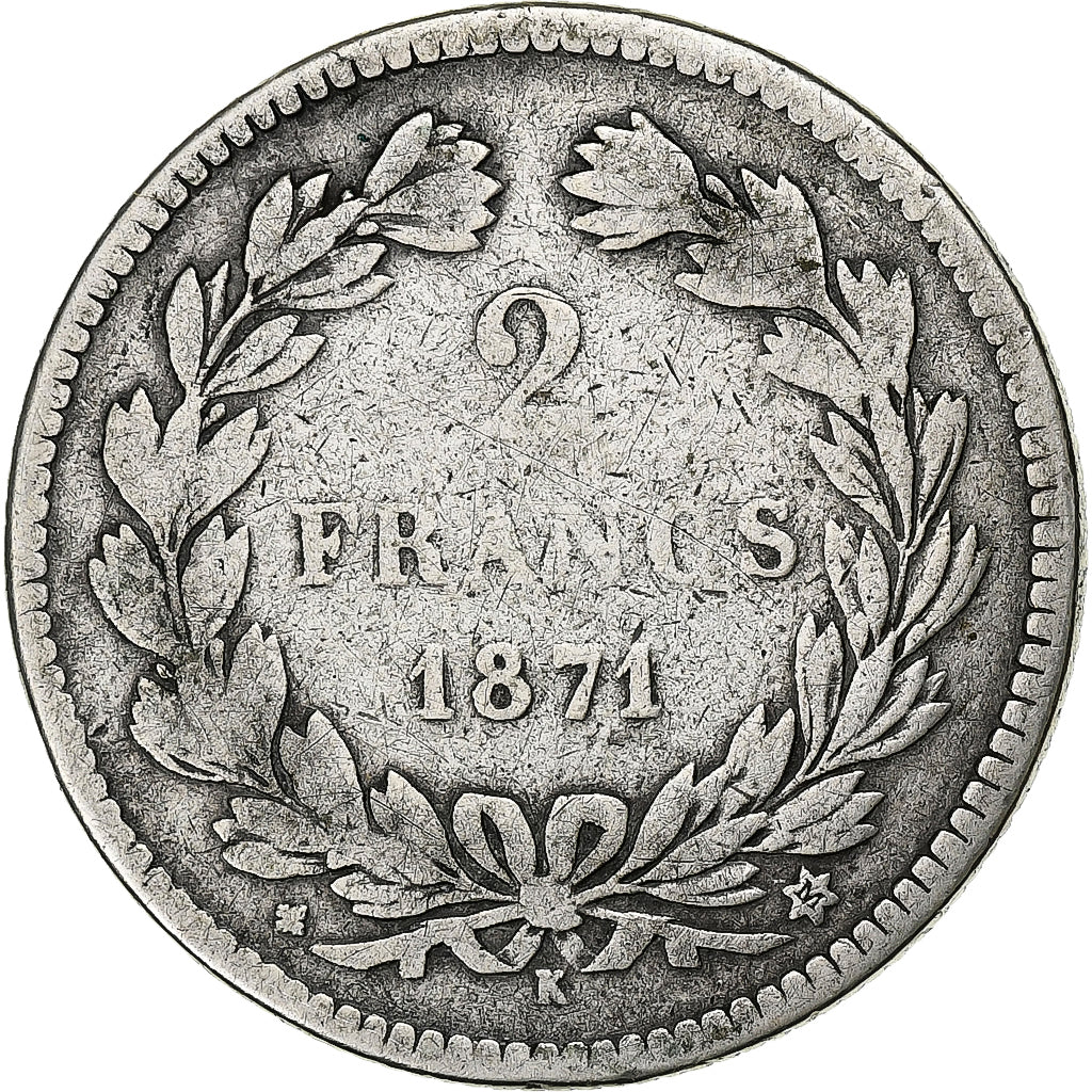 France, Cérès, 2 Francs, 1871, Bordeaux, VG(8-10), Silver, KM:816.2