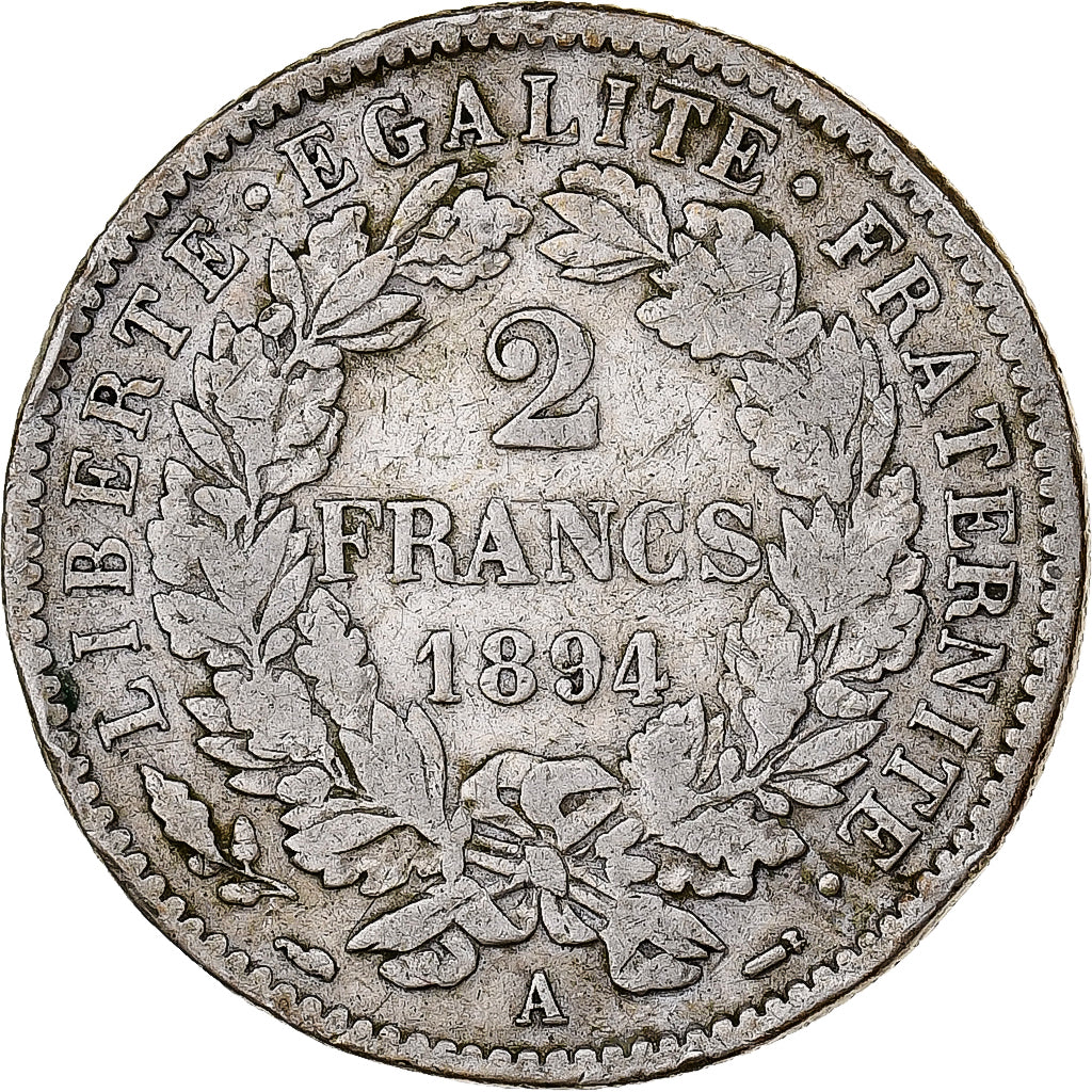Francia, 2 Francs, Cérès, 1894, Paris, Plata, BC+, Gadoury:530a, KM:817.1