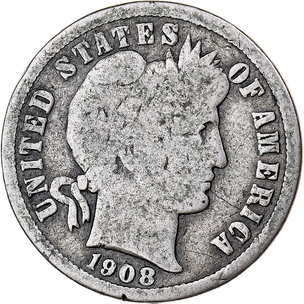 Stati Uniti, Dime, Barber, 1908, Denver, Argento, MB, KM:113