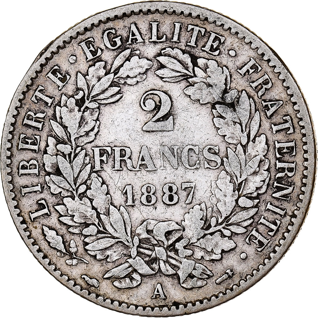 Moneta, Francia, Cérès, 2 Francs, 1887, Paris, MB+, Argento, KM:817.1