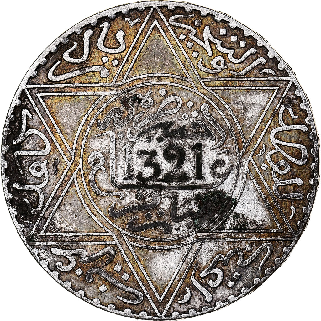 Marocco, 'Abd al-Aziz, Rial, 10 Dirhams, 1903/AH1321, Paris, Argento, BB