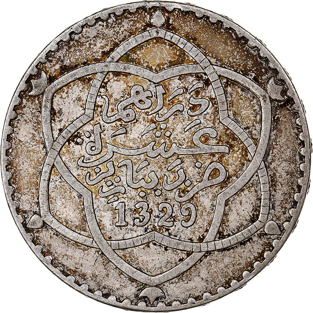 Maroko, 'Abd al-Hafiz, Rial, 10 Dirhams, 1911/AH1329, bi-Bariz, Srebro