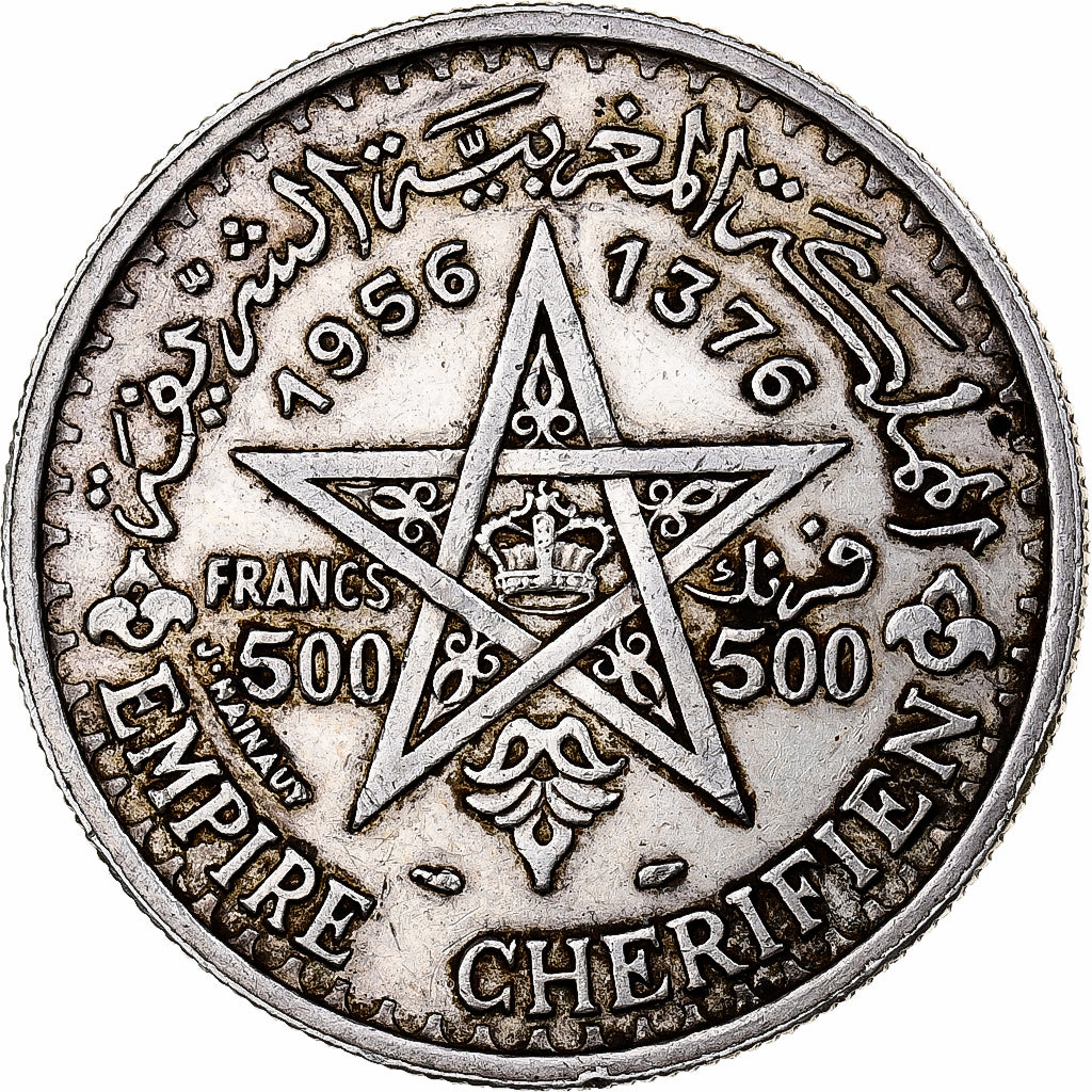 Morocco, Mohammed V, 500 Francs, 1956/AH1376, Paris, Silver, AU(50-53), KM:54