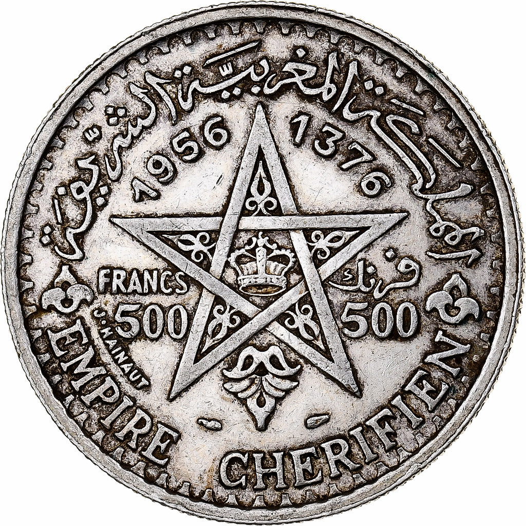 Morocco, Mohammed V, 500 Francs, 1956/AH1376, Paris, Silver, AU(50-53), KM:54
