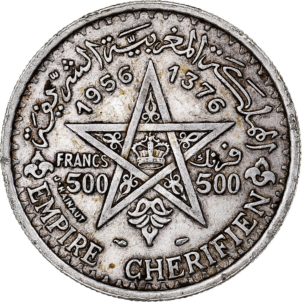 Morocco, Mohammed V, 500 Francs, 1956/AH1376, Paris, Silver, AU(50-53), KM:54