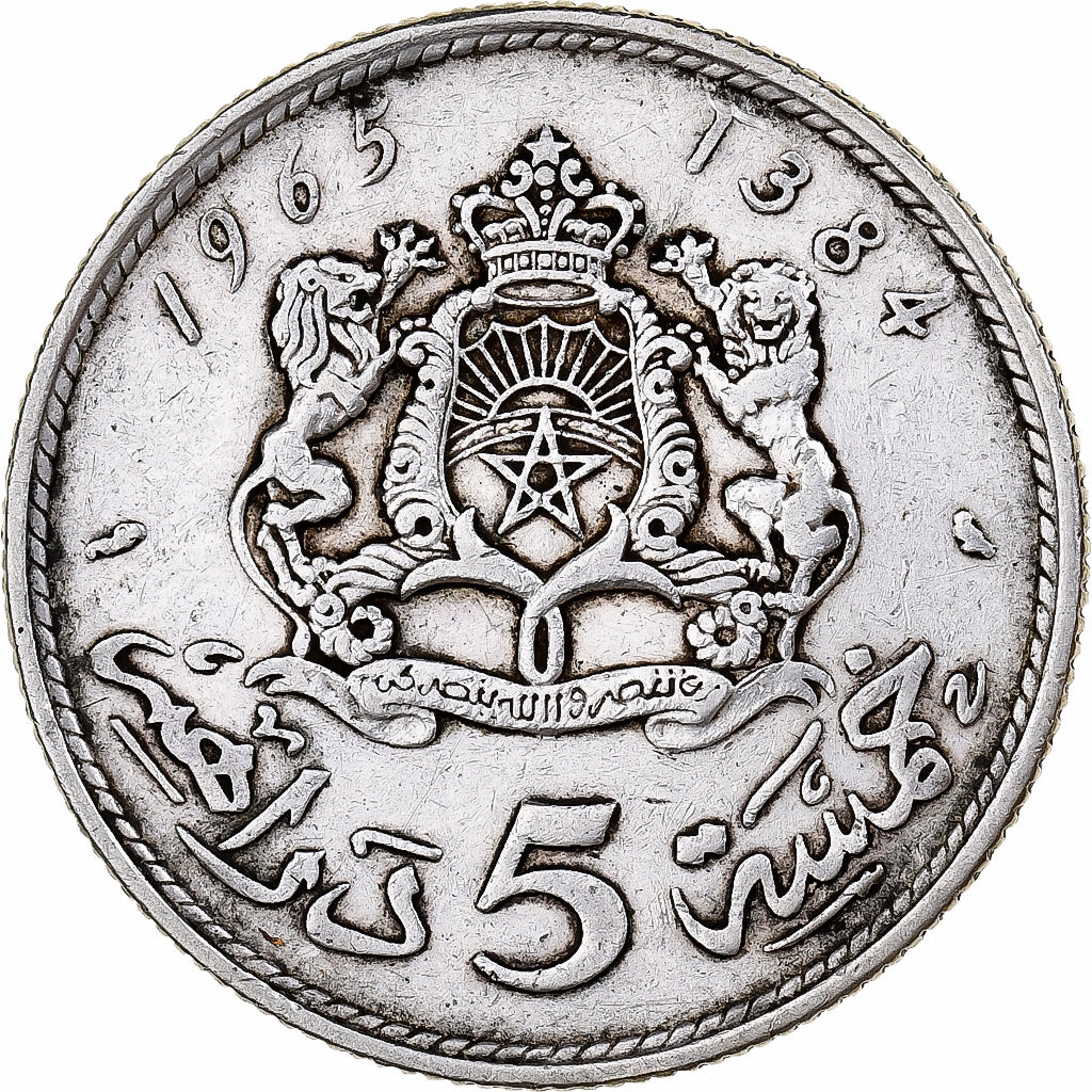 Marokko, al-Hassan II, 5 Dirhams, 1965, Paris, EF(40-45), Silver, KM:57