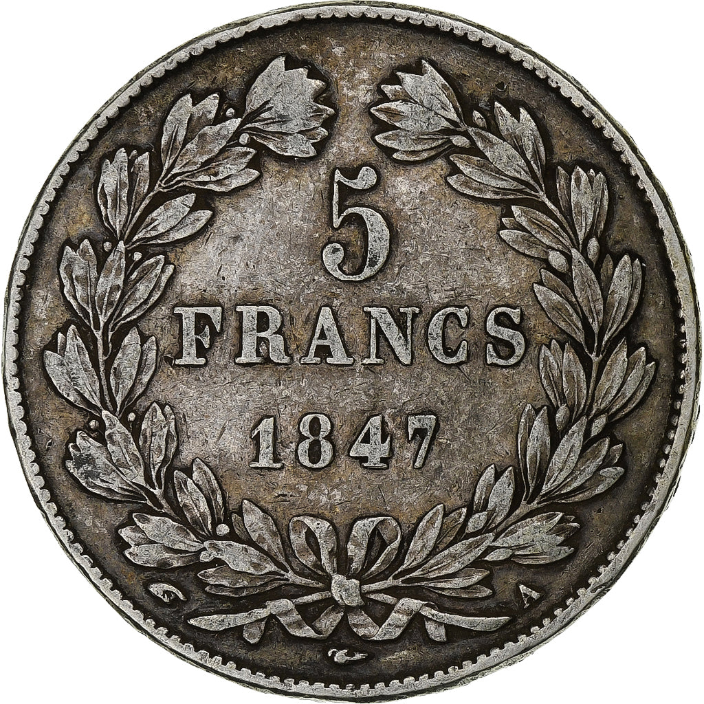 Moneda, Francia, Louis-Philippe, 5 Francs, 1847, Paris, BC+, Plata, KM:749.1