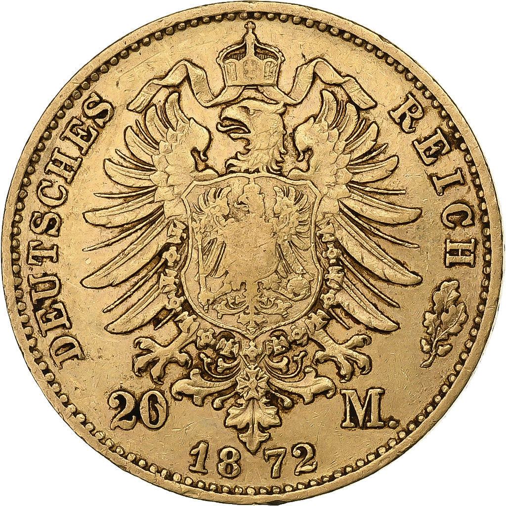 German States, BAVARIA, Ludwig II, 20 Mark, 1872, EF(40-45), Gold, KM:894