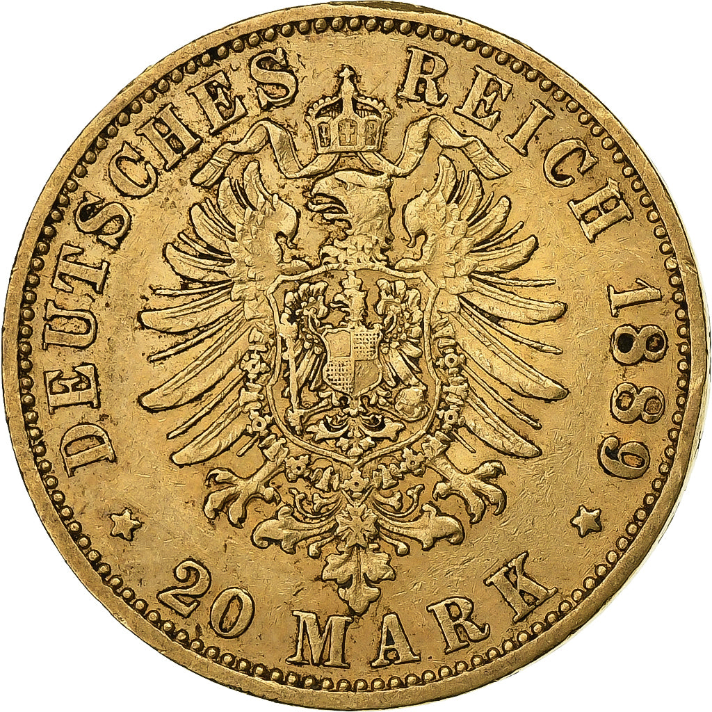 Moeda, Estados Alemães, PRUSSIA, Wilhelm II, 20 Mark, 1889, Berlin, AU(50-53)