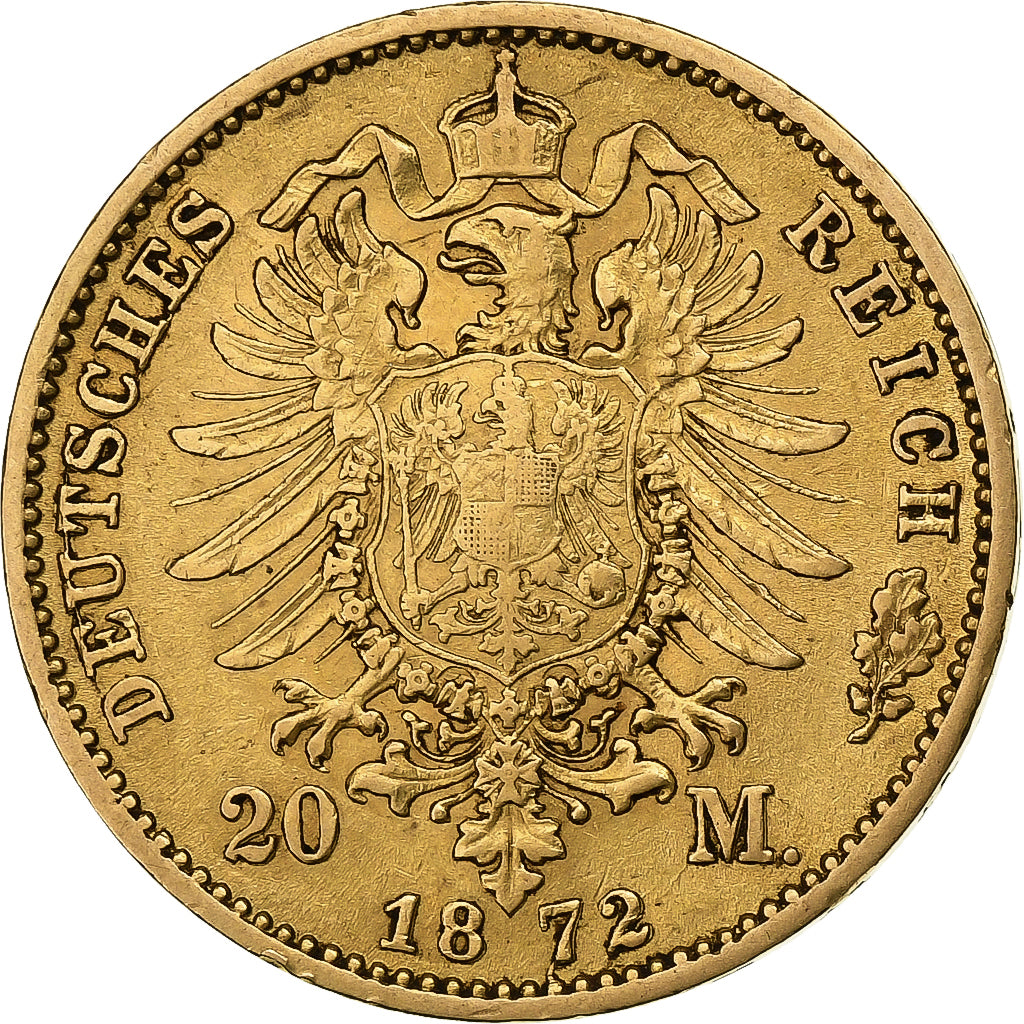 Moneta, Stati tedeschi, PRUSSIA, Wilhelm I, 20 Mark, 1872, Frankfurt, BB+, Oro
