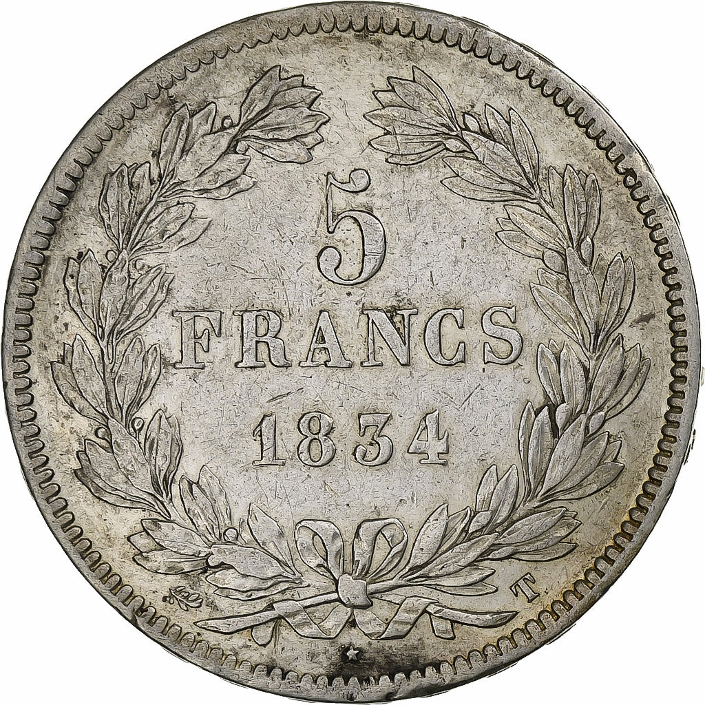 Moneda, Francia, Louis-Philippe, 5 Francs, 1834, Nantes, BC+, Plata, KM:749.12