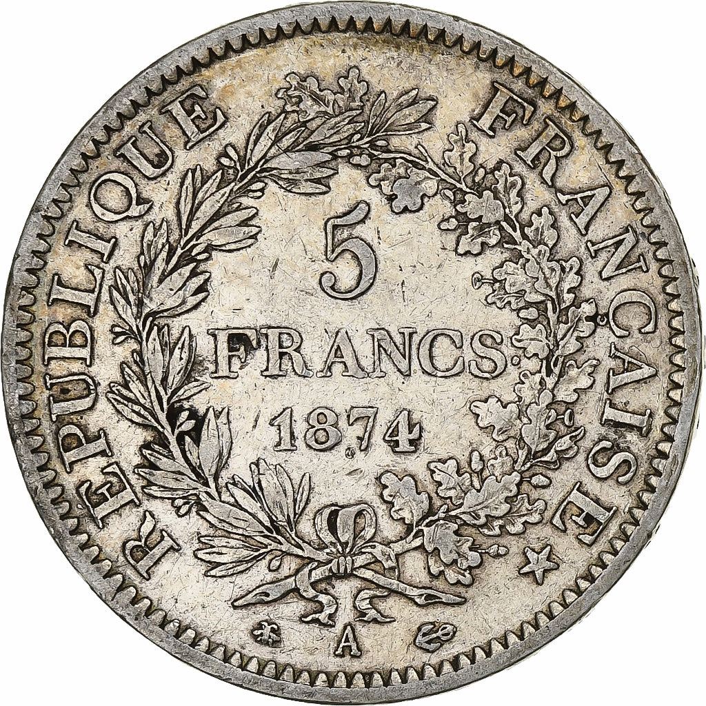 FRANCE, Hercule, 5 Francs, 1874, Paris, KM #820.1, AU(50-53), Silver, Gadoury...