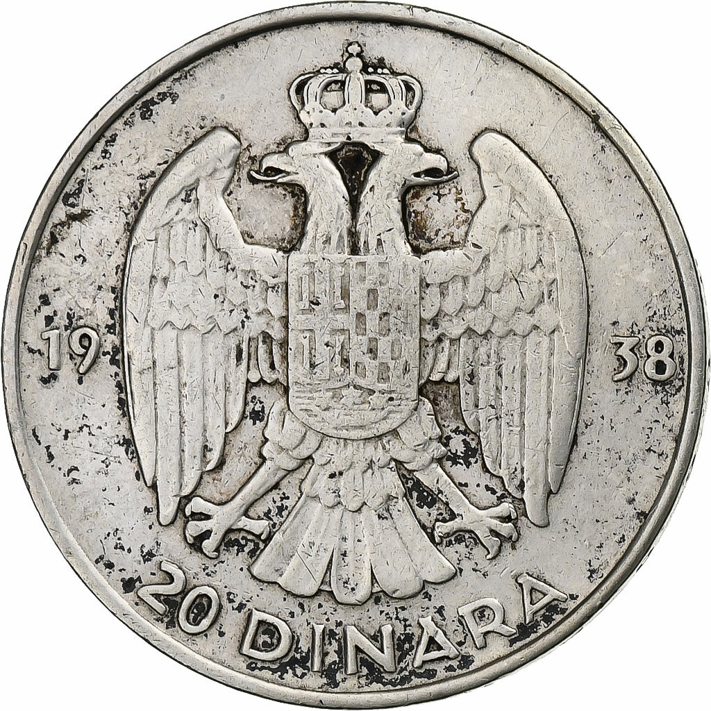 Joegoslaviëe, Petar II, 20 Dinara, 1938, Zilver, ZF+, KM:23