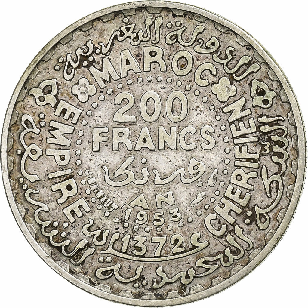 Marokko, Mohammed V, 200 Francs, 1953, Paris, Zilver, ZF+, KM:53