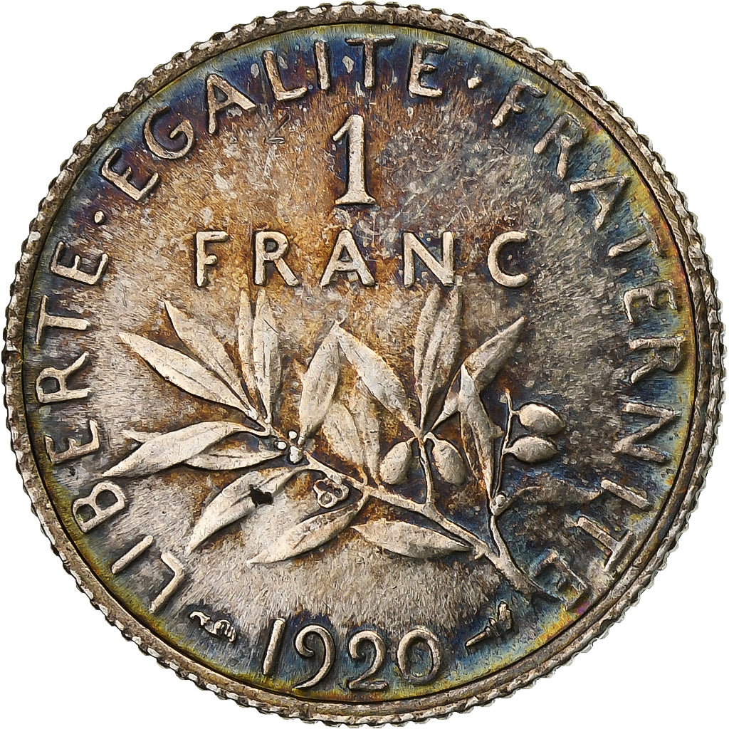 Moeda, França, Semeuse, Franc, 1920, Paris, AU(55-58), Prata, KM:844.1