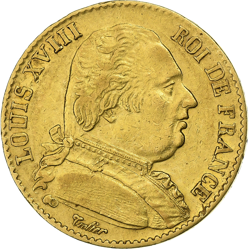 França, Louis XVIII, 20 Francs, Louis XVIII, 1815, Paris, Dourado, AU(50-53)