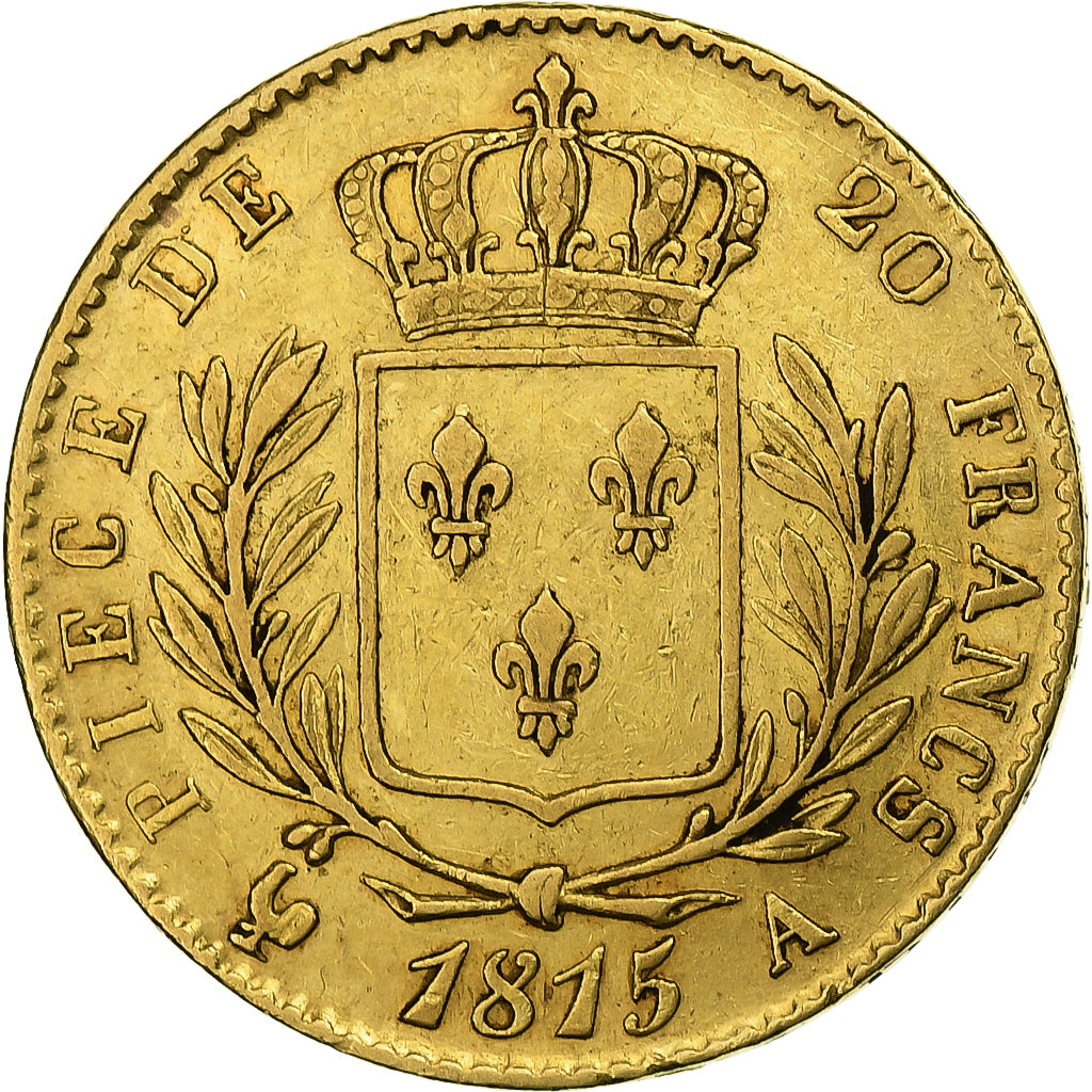 França, Louis XVIII, 20 Francs, Louis XVIII, 1815, Paris, Dourado, AU(50-53)