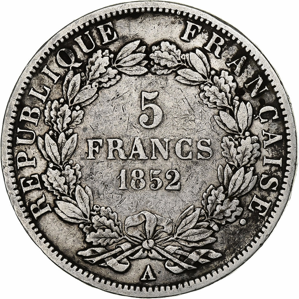 Francja, Louis-Napoléon Bonaparte, 5 Francs, 1852, Paris, Srebro, VF(30-35)
