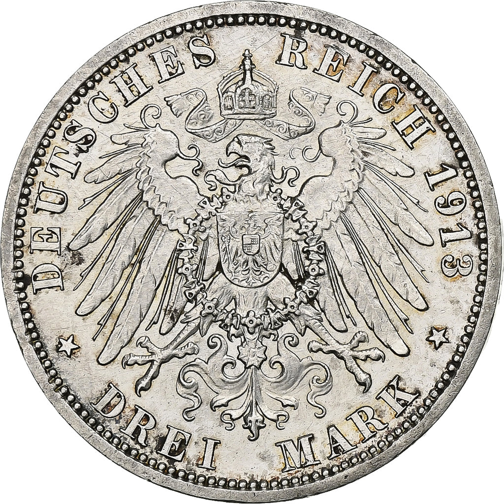 German States, PRUSSIA, Wilhelm II, 3 Mark, 1913, Berlin, Silver, AU(50-53)