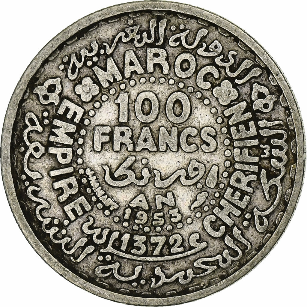 Morocco, Mohammed V, 100 Francs, 1953, Paris, EF(40-45), Silver, KM:52