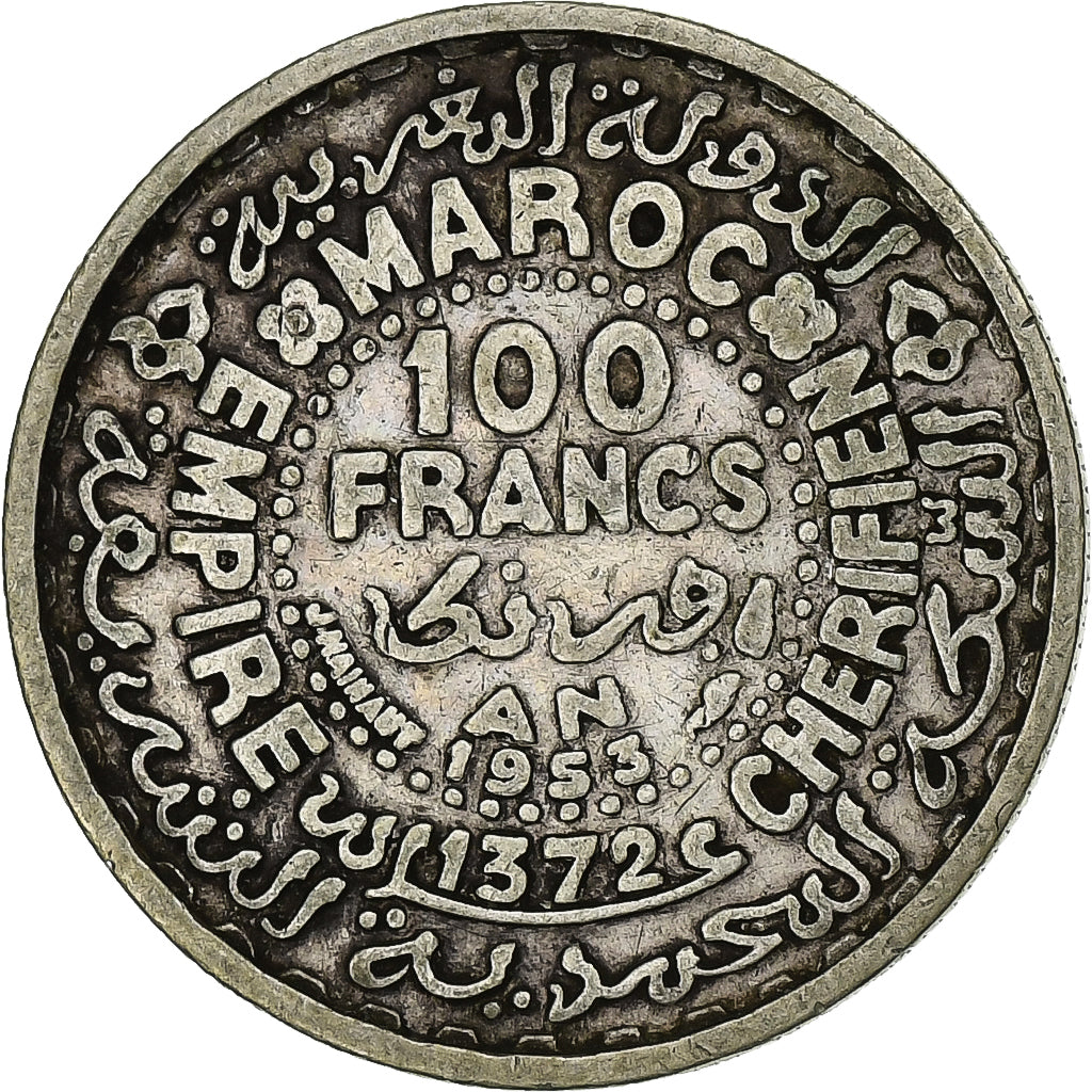 Morocco, Mohammed V, 100 Francs, 1953, Paris, EF(40-45), Silver, KM:52