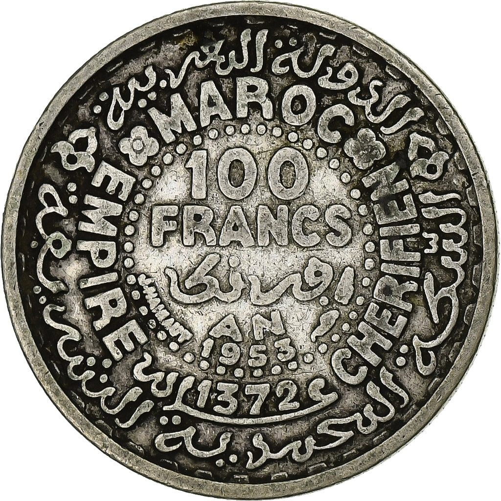 Morocco, Mohammed V, 100 Francs, 1953, Paris, EF(40-45), Silver, KM:52