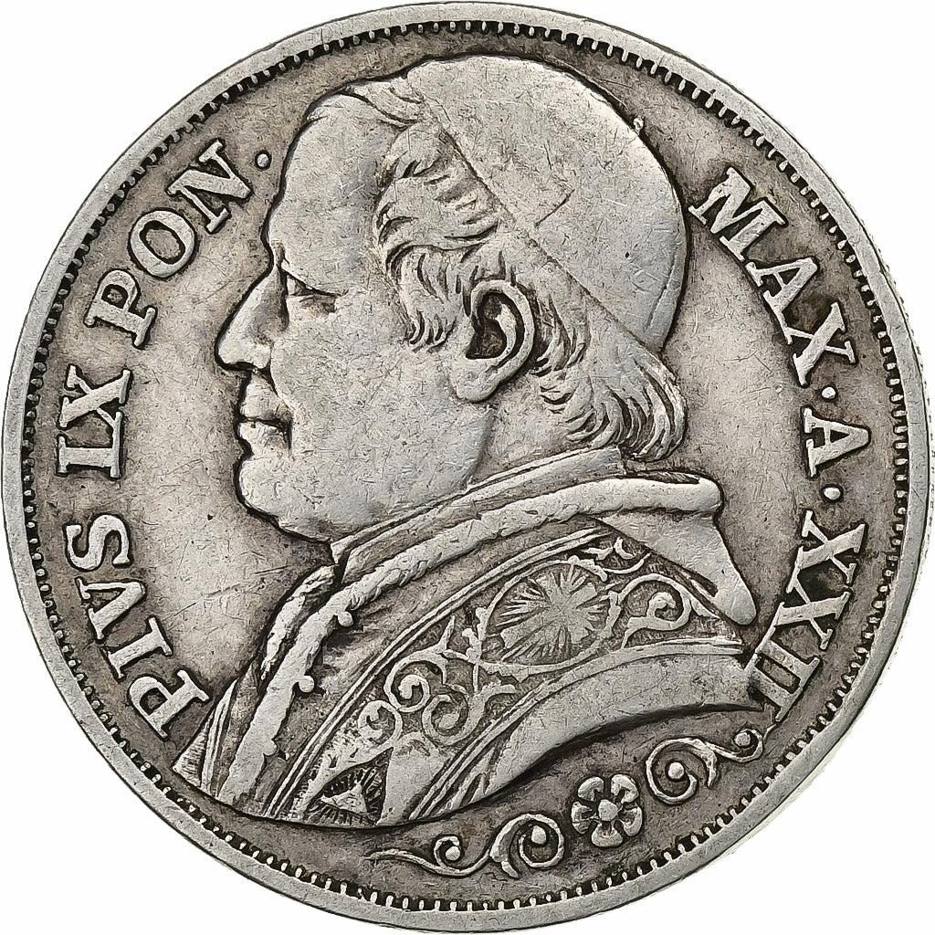 Moneda, Estados italianos, PAPAL STATES, Pius IX, 2 Lire, 1867, Rome, BC+