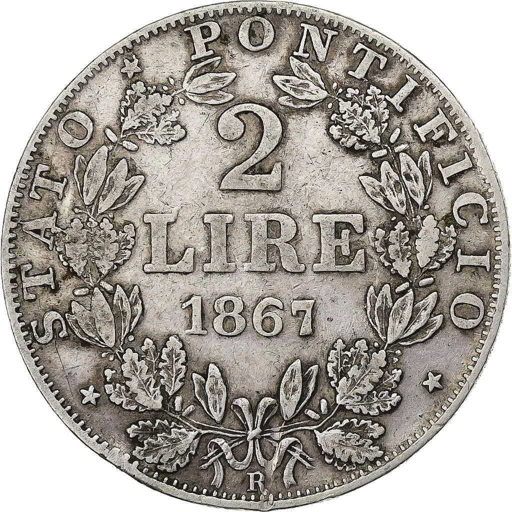 Moneda, Estados italianos, PAPAL STATES, Pius IX, 2 Lire, 1867, Rome, BC+