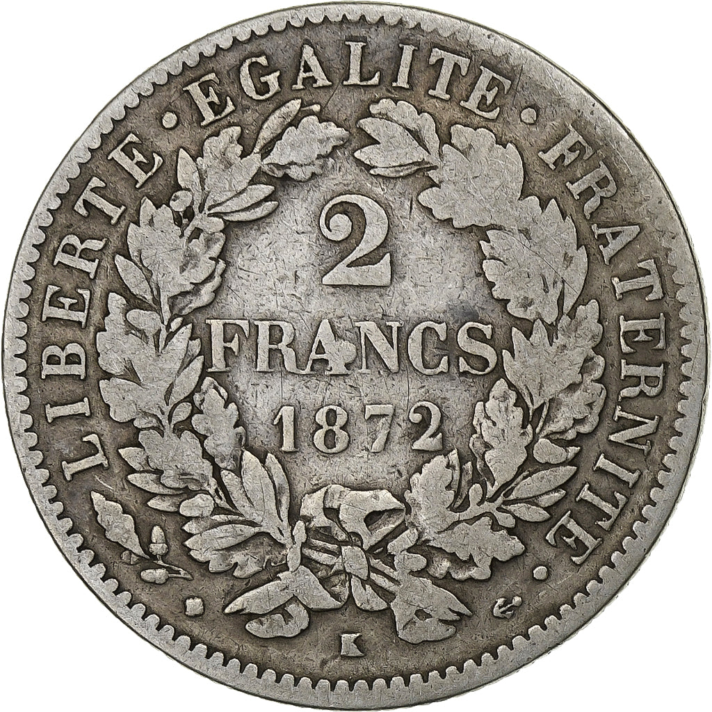 Coin, France, Cérès, 2 Francs, 1872, Bordeaux, VF(20-25), Silver, KM:817.2