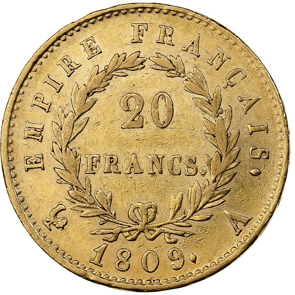 Francia, Napoléon I, 20 Francs, 1809, Paris, BB, Oro, KM:695.1, Gadoury:1025