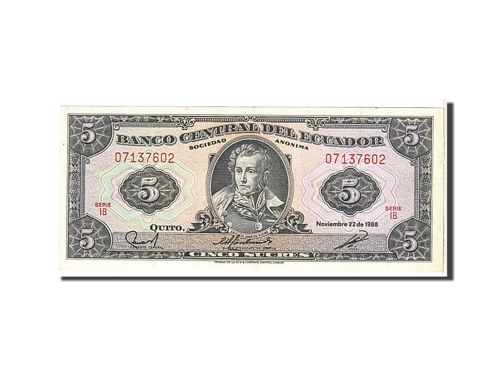 Banknote, Ecuador, 5 Sucres, 1988, KM:120A, AU(50-53)