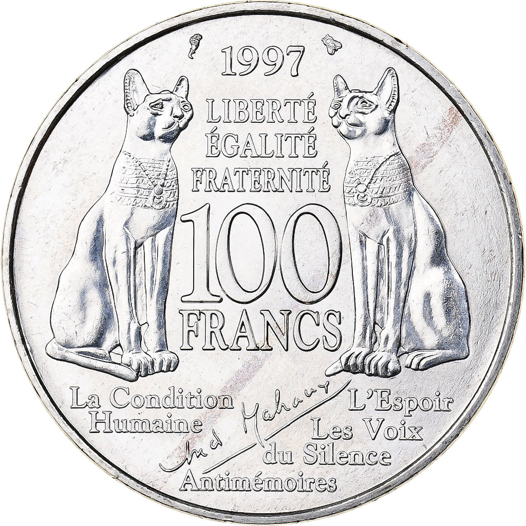 France, André Malraux, 100 Francs, 1997, Paris, MS(63), Silver, KM:1188