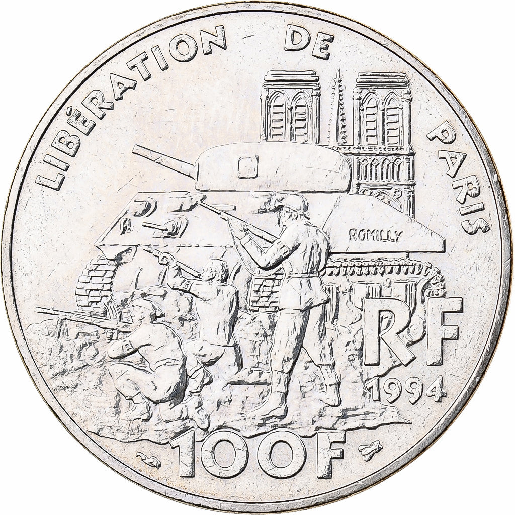 Moneda, Francia, Libération de Paris, 100 Francs, 1994, MBC+, Plata, KM:1045.1