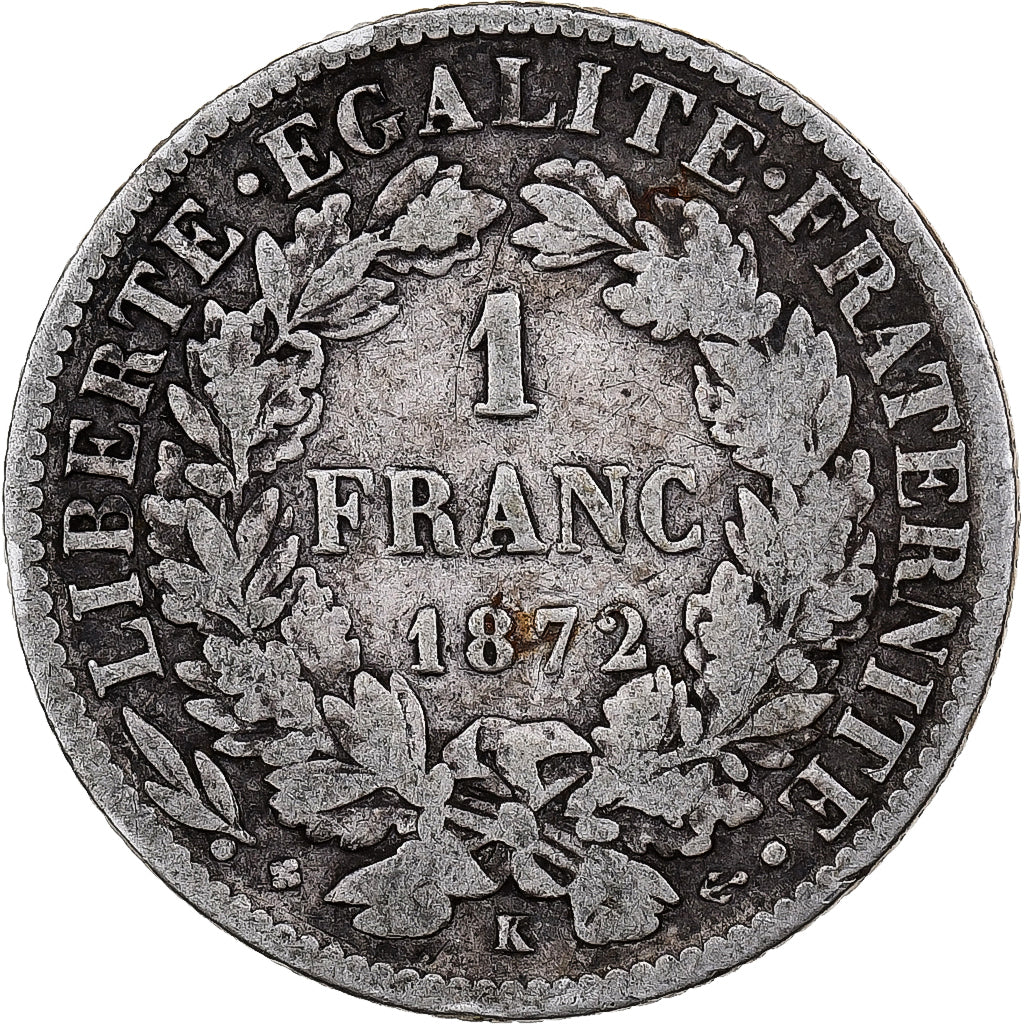 Francja, Franc, Cérès, 1872, Bordeaux, Srebro, VF(30-35), Gadoury:465a