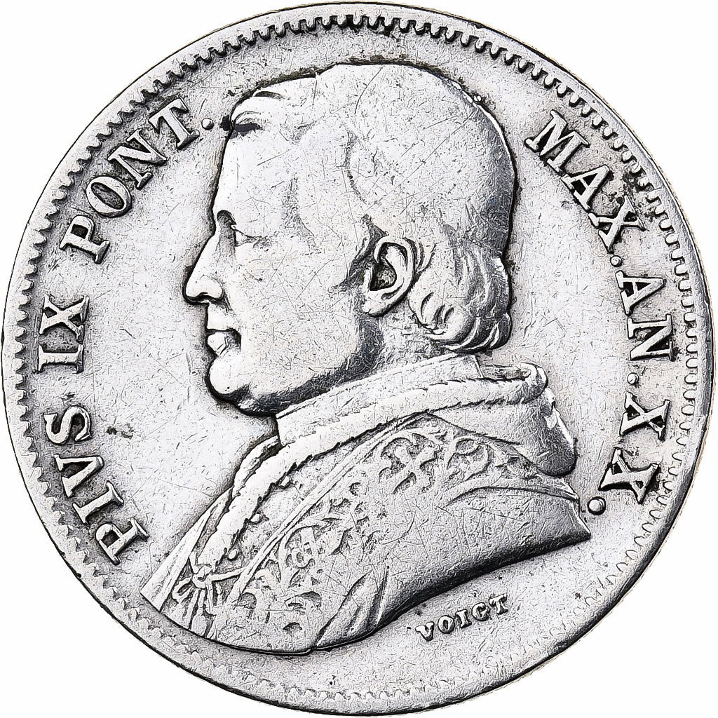 STATI ITALIANI, PAPAL STATES, Pius IX, 20 Baiocchi, 1865, Rome, Argento, MB