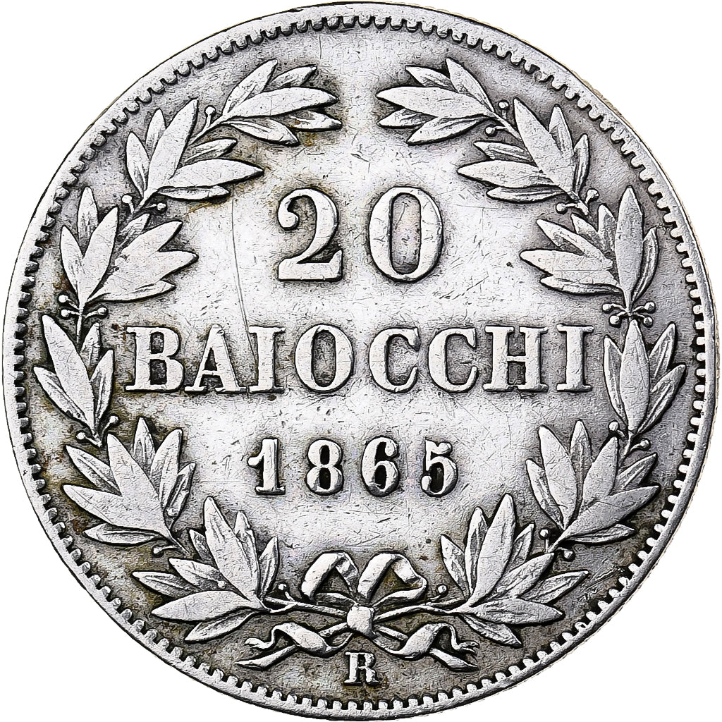 STATI ITALIANI, PAPAL STATES, Pius IX, 20 Baiocchi, 1865, Rome, Argento, MB
