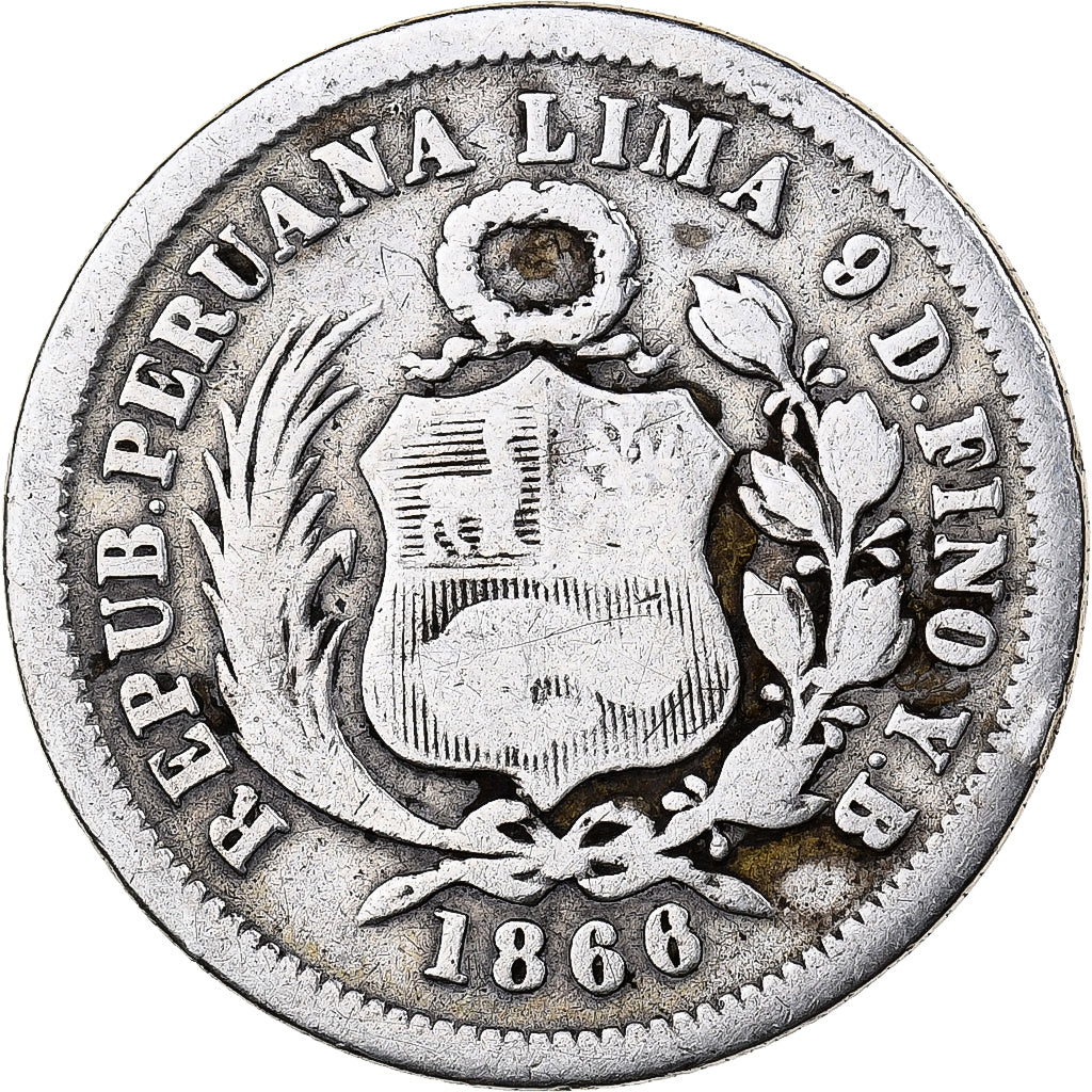 Moneta, Perù, SOUTH PERU, 1/5 Sol, 1866, Lima, MB+, Argento, KM:191