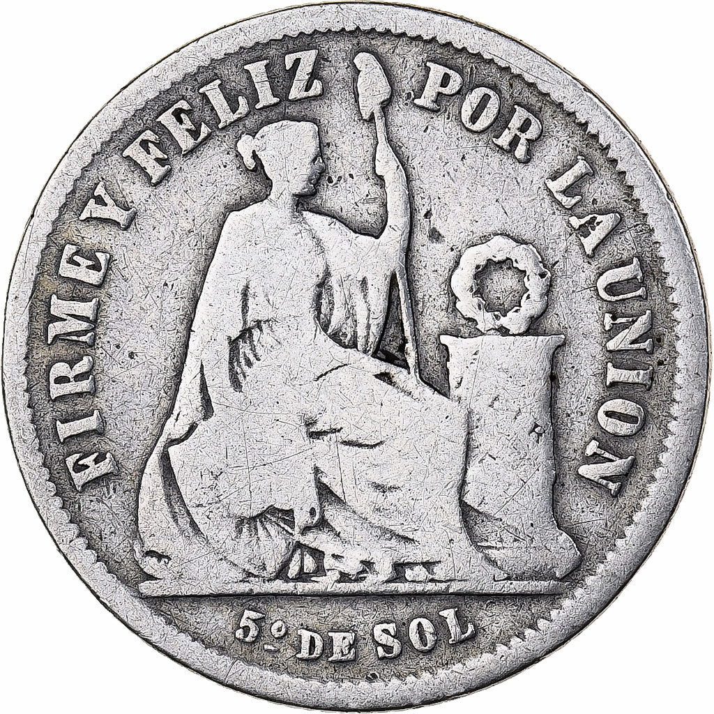 Moneta, Perù, SOUTH PERU, 1/5 Sol, 1866, Lima, MB+, Argento, KM:191