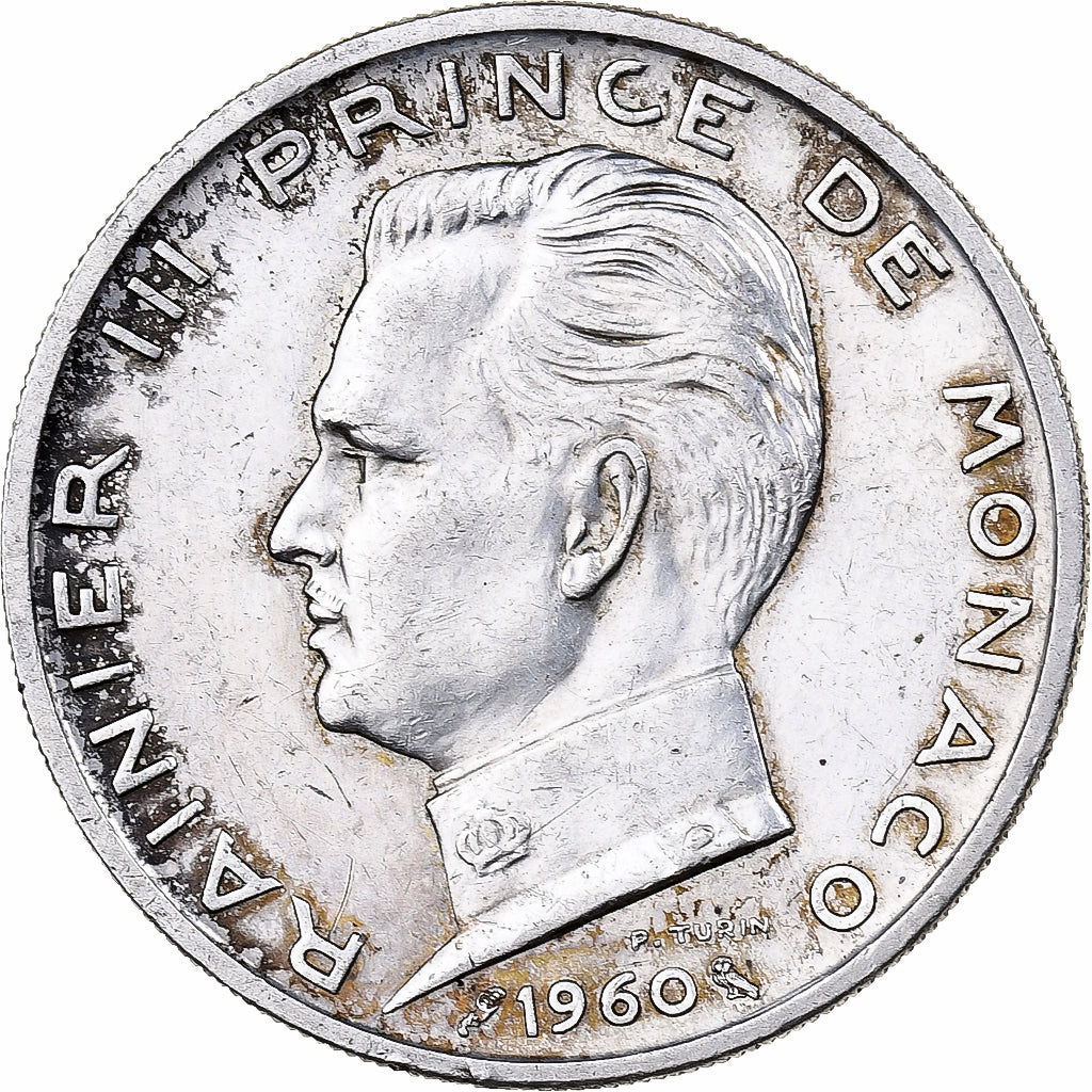 Monaco, Rainier III, 5 Francs, 1960, Paris, Srebro, AU(50-53), Gadoury:MC152.5