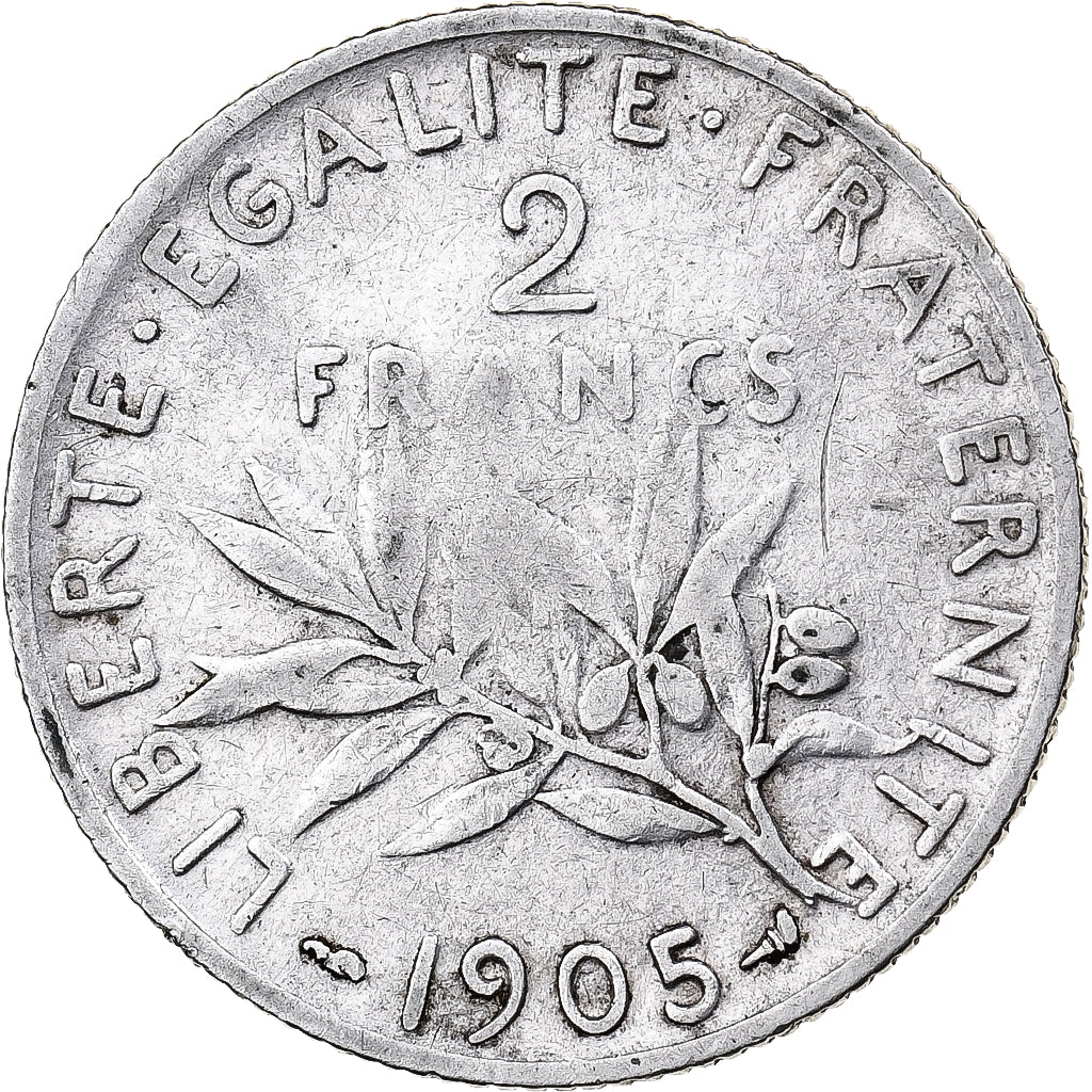 Moneda, Francia, Semeuse, 2 Francs, 1905, Paris, BC+, Plata, KM:845.1
