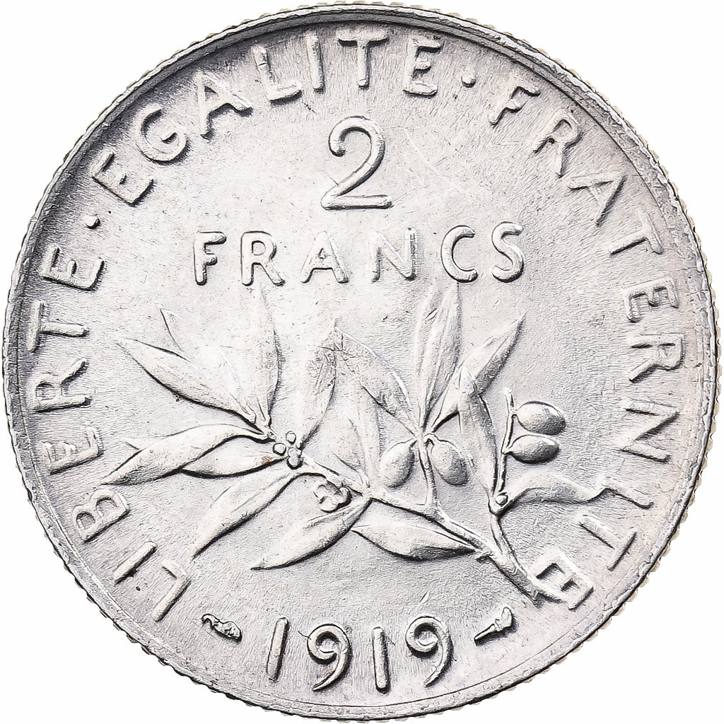 France, 2 Francs, Semeuse, 1919, Paris, Silver, MS(60-62), Gadoury:532, KM:845.1