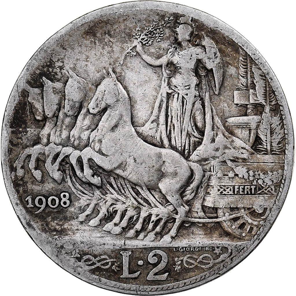 Moneda, Italia, Vittorio Emanuele III, 2 Lire, 1908, Rome, BC+, Plata, KM:46